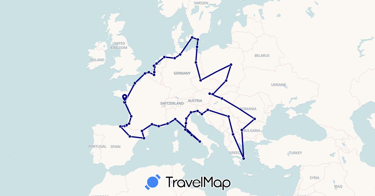 TravelMap itinerary: driving in Andorra, Austria, Belgium, Bulgaria, Czech Republic, Germany, Denmark, Spain, France, Greece, Croatia, Hungary, Italy, Monaco, Macedonia, Netherlands, Poland, Romania, Serbia, Sweden, Slovakia (Europe)